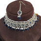 Blue - Medium Size Silver Finish Choker Necklace Set with Earrings - RAK149  C 0424