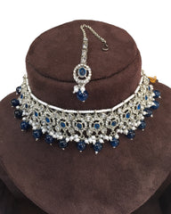 Blue - Medium Size Silver Finish Choker Necklace Set with Earrings - RAK149  C 0424