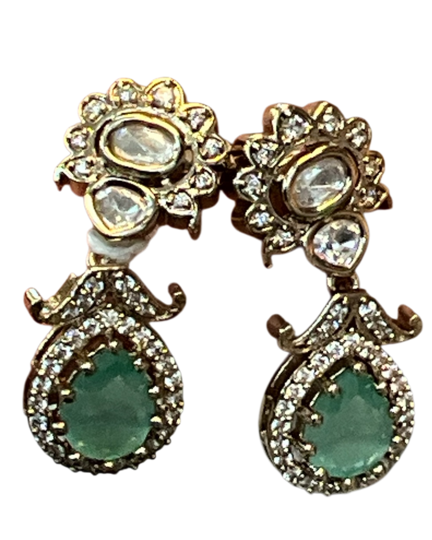 Sea Green - Small - Antique Gold Finish Traditional Earrings - Bollywood - Weddings - 15ER715 07J26