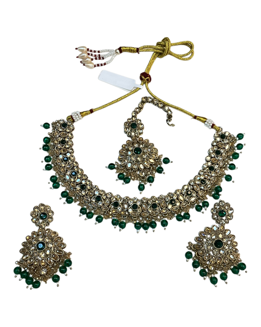 Green - Large Size Antique Gold Finish Necklace Set with Earrings & Head Piece - JIG111 04Cp26