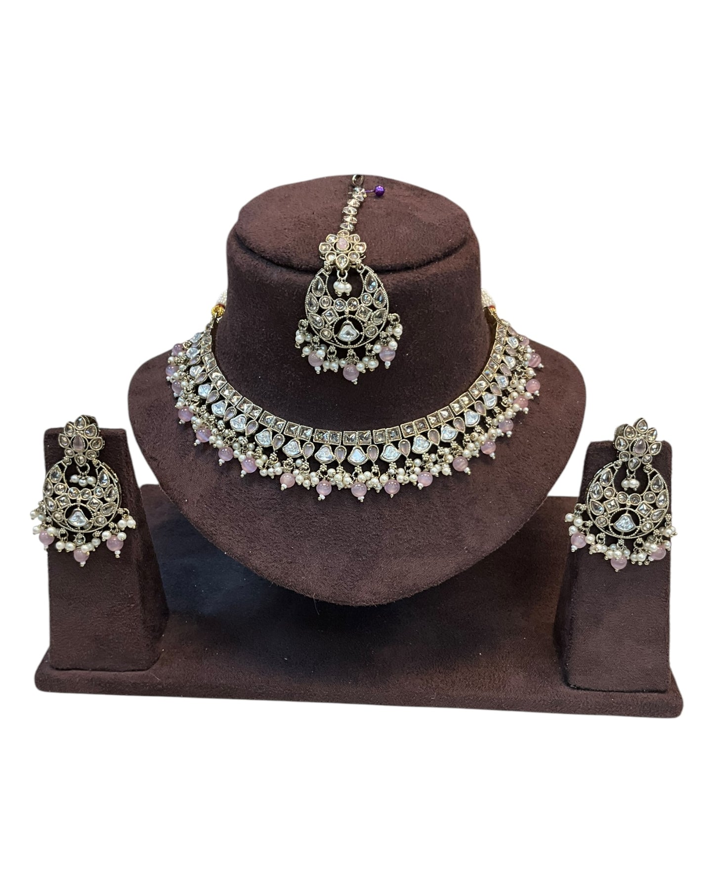 Baby Pink - Large Size Antique Gold Finish Necklace Set with Earrings & Tika Head Piece - GGA02 KA0525