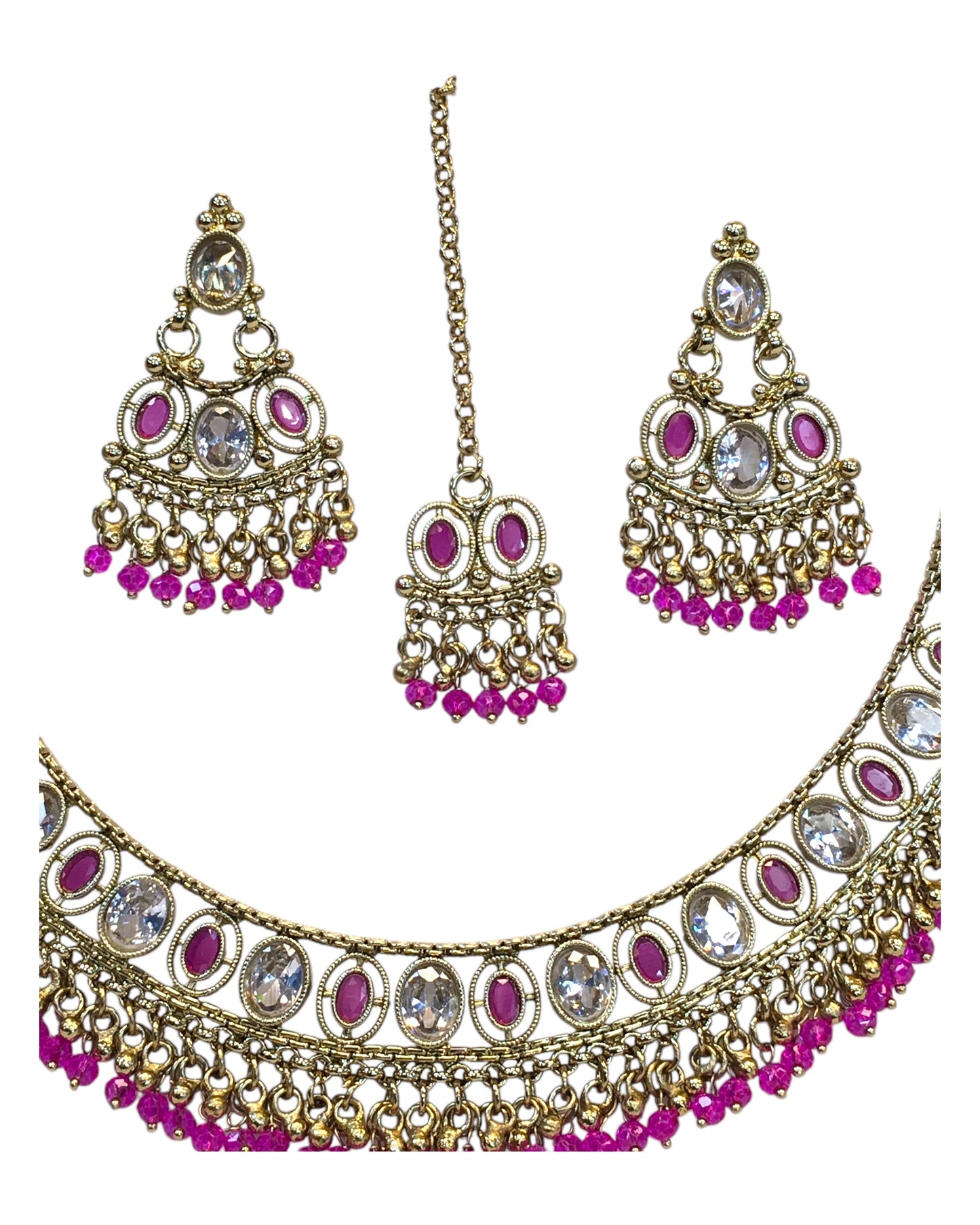 Fuchsia - Antique Gold Finish Necklace & Earrings Set - Bollywood - Weddings - DAJ547 11KV24