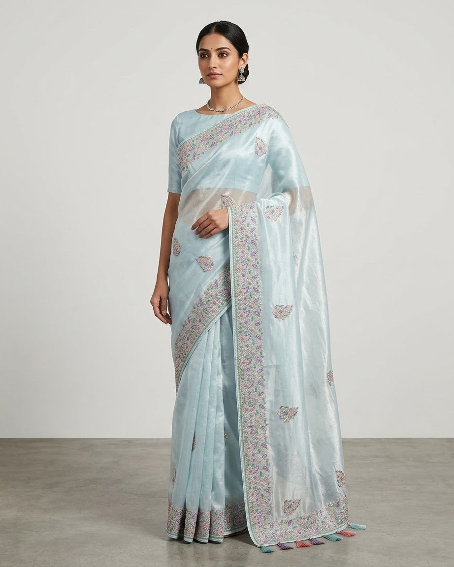 Pastel Sky Blue - Fancy Party Saree with Blouse Piece - UK stock - 24hr Dispatch - SP2602 VH