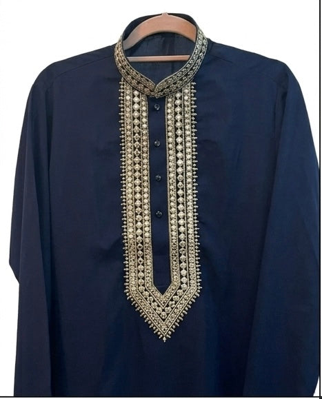 Dark Navy Blue - Soft Cotton Silky Mens Kurta Set with Rich Embroidery- Sangeet Mehendi Haldi - KCS2002 06VY26