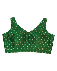 Green - Gold / Silver Embroidery Silky Saree blouse with cups,  Sleeveless - 38