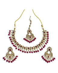 Magenta - Antique Gold Finish Necklace & Earrings Set - Bollywood - Weddings - KAJ996 11KT24