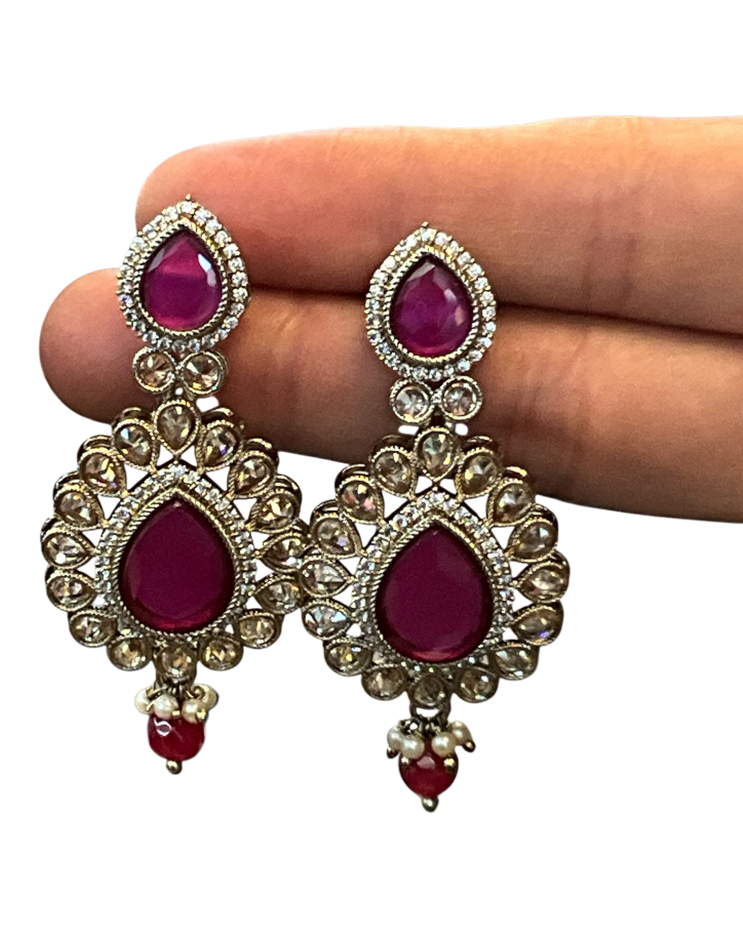 Dark Pink - Large - Antique Gold Finish Traditional Earrings - Bollywood - Weddings - 15ER549 07Rp26