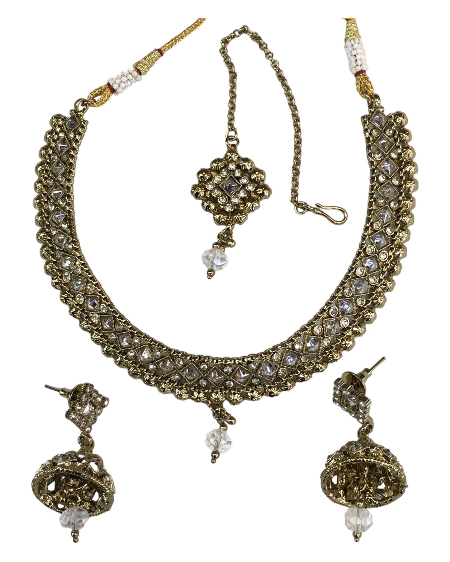 Clear Stone - Small - Antique Gold Finish Necklace Set with Earrings - DAJ533  C 0724