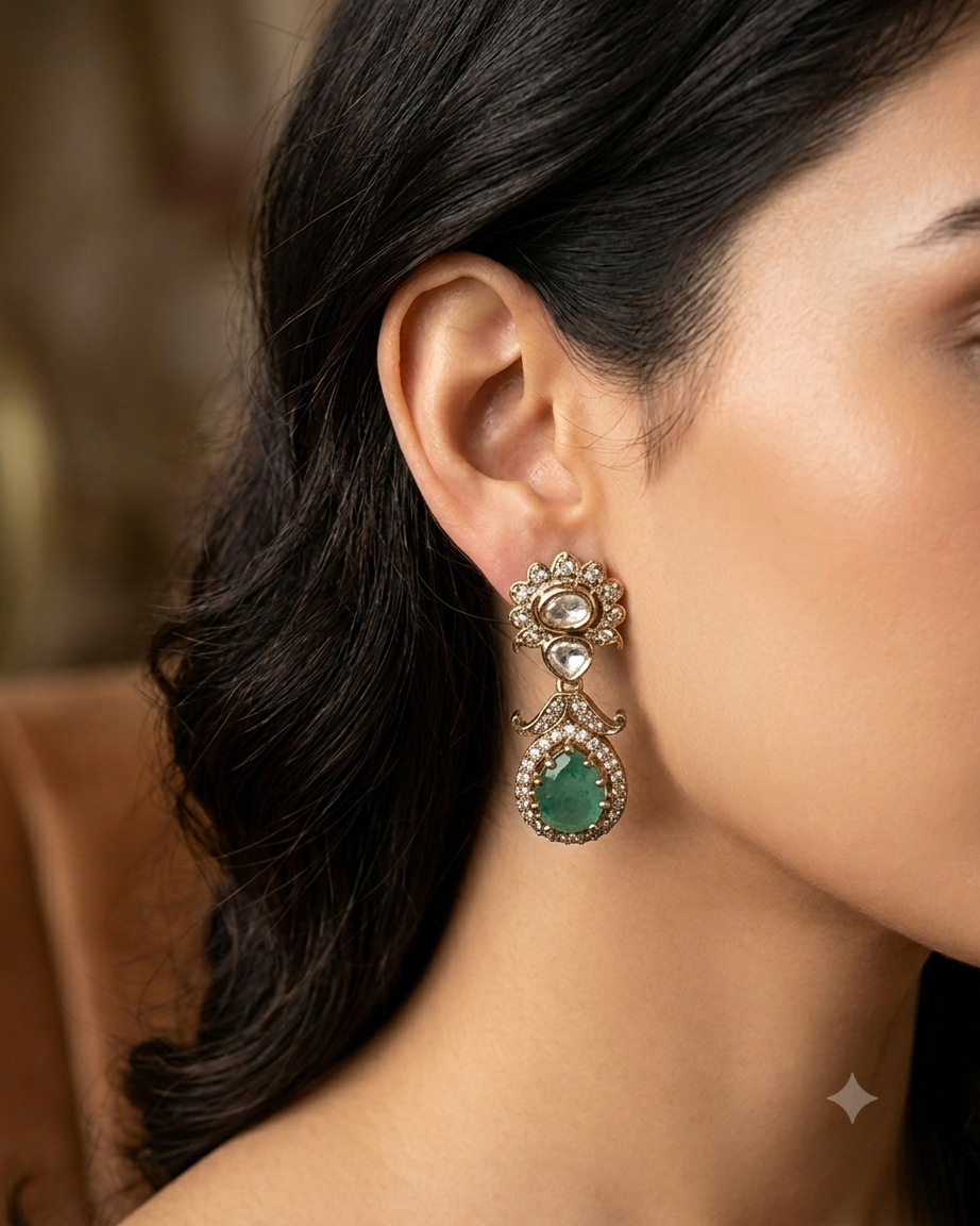 Sea Green - Small - Antique Gold Finish Traditional Earrings - Bollywood - Weddings - 15ER715 07J26