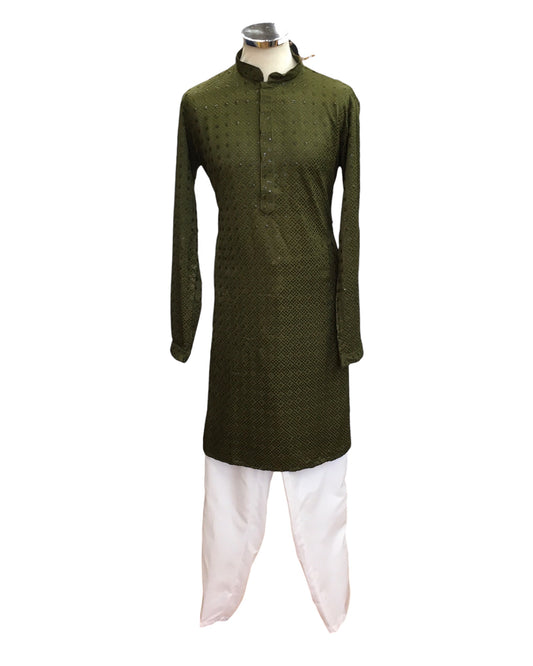 Henna Mehndi Green - Rich Sequins Lucknowi Chiffon Mens Indian Kurta Set with Smart Pants - Weddings / Walimas , Sangeet, Eid, Mehndi / Henna - SHU2502 KC 0325