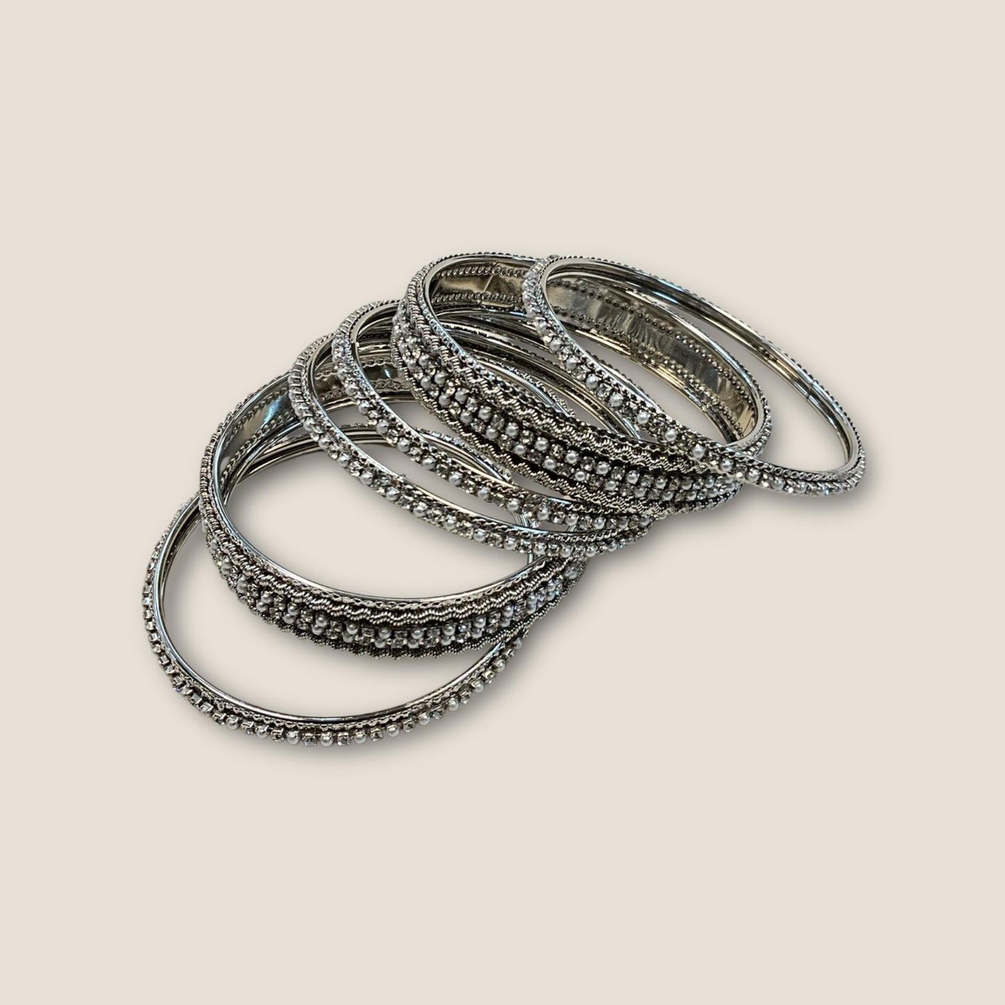 Clear Stone and Pearl - Silver Finish Bangles Set (Set of 6) - UK stock - SM, M, L, XL JAN1853 09Vp25