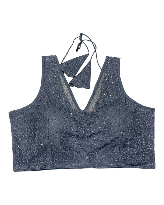 Grey - Fully Embroidered V neck Saree / Lehenga blouse - With Cups - Margin to loosen - UK Stock - AF2343 H 0923
