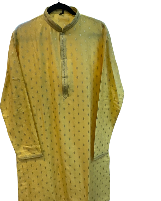 Pastel Yellow - Banarasi Handloom Brocade Mens Indian Kurta set with Trousers - UK Stock - Weddings / Walimas , Sangeet, Diwali, Eid, Mehndi / Henna - VEE3024 VV