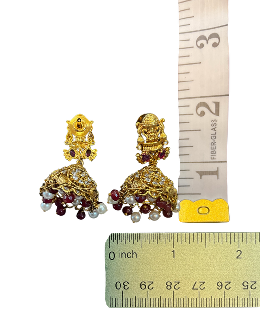 Maroon - Medium - Antique Gold Finish Traditional Earrings - Bollywood - Weddings - AE2611 P