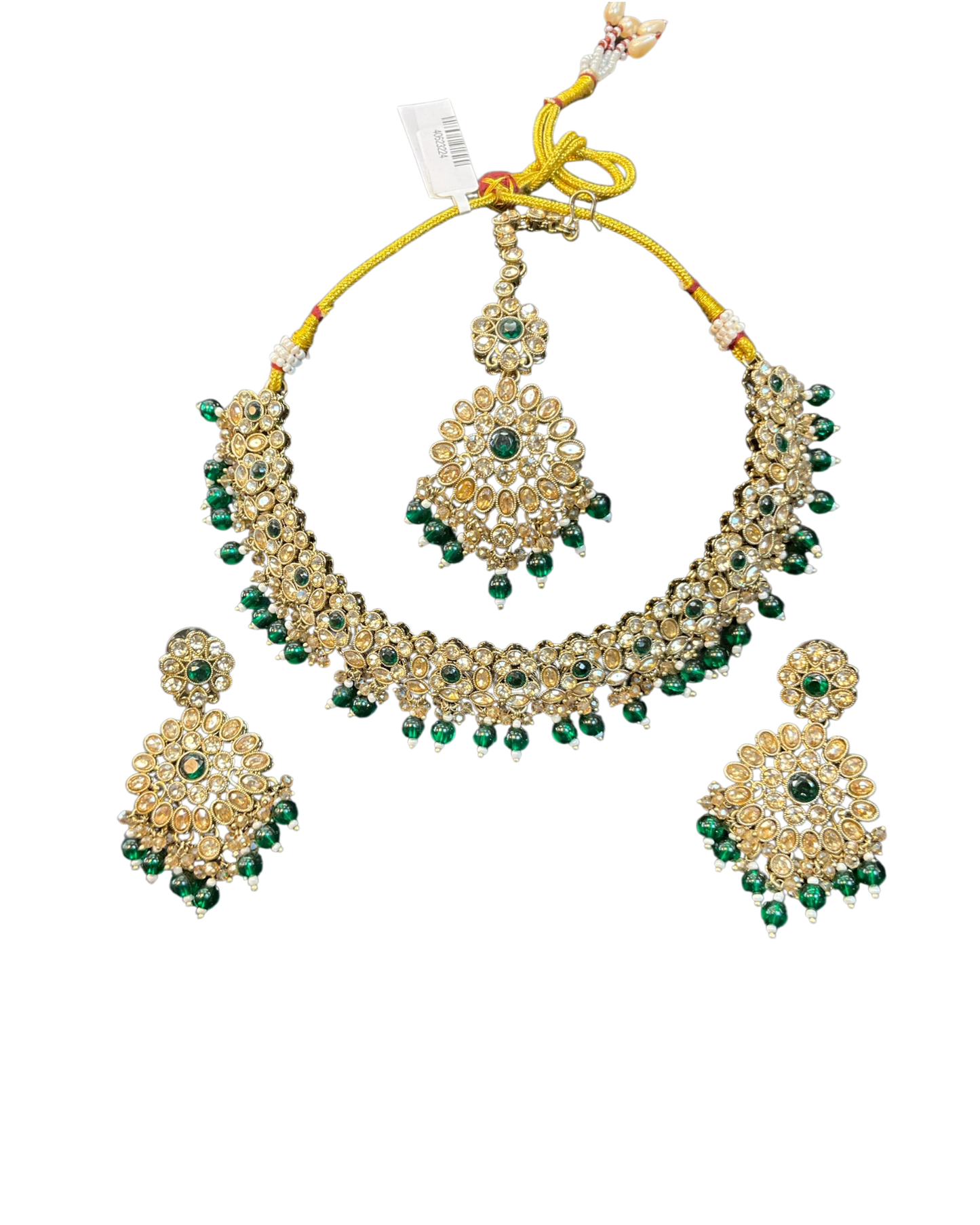 Green - Large Size Antique Gold Finish Necklace Set with Earrings & Head Piece - JIG111 04Cp26