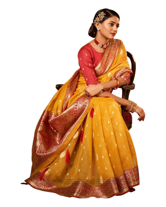 Orange with Red border - Handloom  - Cotton Silky Banarasi Saree with Blouse Piece - RP84004 10KP25