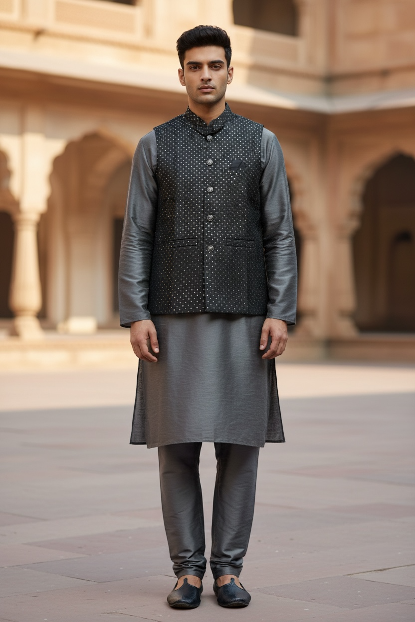 Black - Sequins All Over Embroidered - Mens Indian Waistcoat - UK Stock - 24 hr Dispatch - KCS4785 03KR26