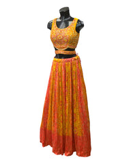 Coral  / Mustard- Crushed Bandhej Lehenga Set - UK Stock - 24h Dispatch - MK1461 KKV 0523