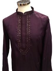 Purple -  Silky Self Emroidered Mens Indian Kurta set Sangeet, Temple, Eid, Mehndi or Funeral ( with Draw stringed trousers) - YD2407 KR 0324