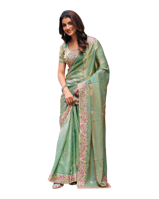 Mint Green - Fancy Party Saree with Blouse Piece - UK stock - 24hr Dispatch - LTF4605 07VY26
