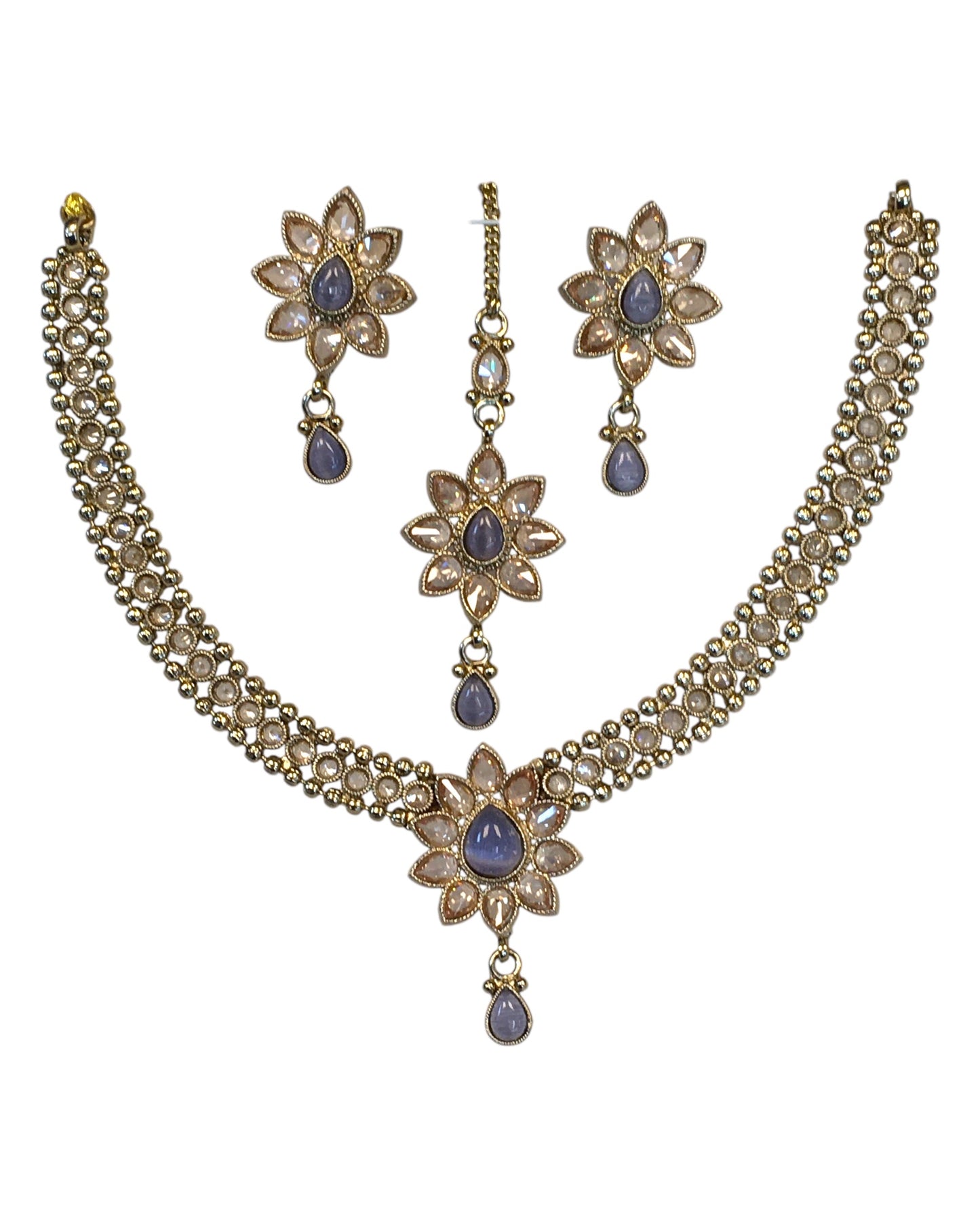 Lilac - Medium Size Antique Gold Finish Necklace Set with Earrings & Head Piece /Tika- SLV80  11H24