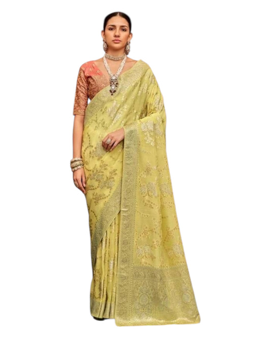 Lemon Yellow - Handloom  - Chiffon Banarasi Saree with Blouse Piece - JOH1602 10TT25