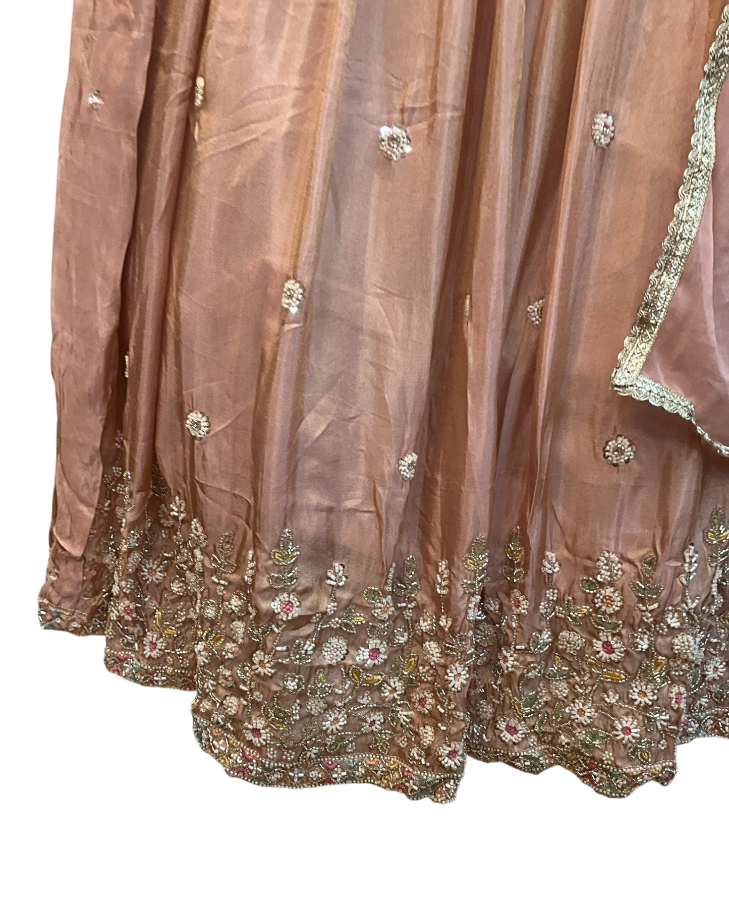 Size UK 10 (36" Bust) Adjustable to Size 12 - Pastel Coral Pink / Peach - Silky Lehenga Set - Mehndi / Sangeet / Bridesmaids / Weddings / Garba  - UK Stock - 24h Dispatch - KM557 07TP26