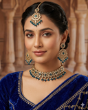 Blue - Large Size Antique Gold Finish Necklace Set with Earrings & Head Piece - JIG111 04Cp26