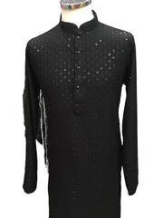 Black - Lucknowi Sequins Mens Indian Kurta set - Weddings / Walimas , Sangeet, Eid, Mehndi / Henna - YD2402 KT 0324