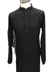 Black - Lucknowi Sequins Mens Indian Kurta set Sangeet, Temple, Eid, Mehndi or Funeral ( with Draw stringed trousers) - YD2402 KT 0324