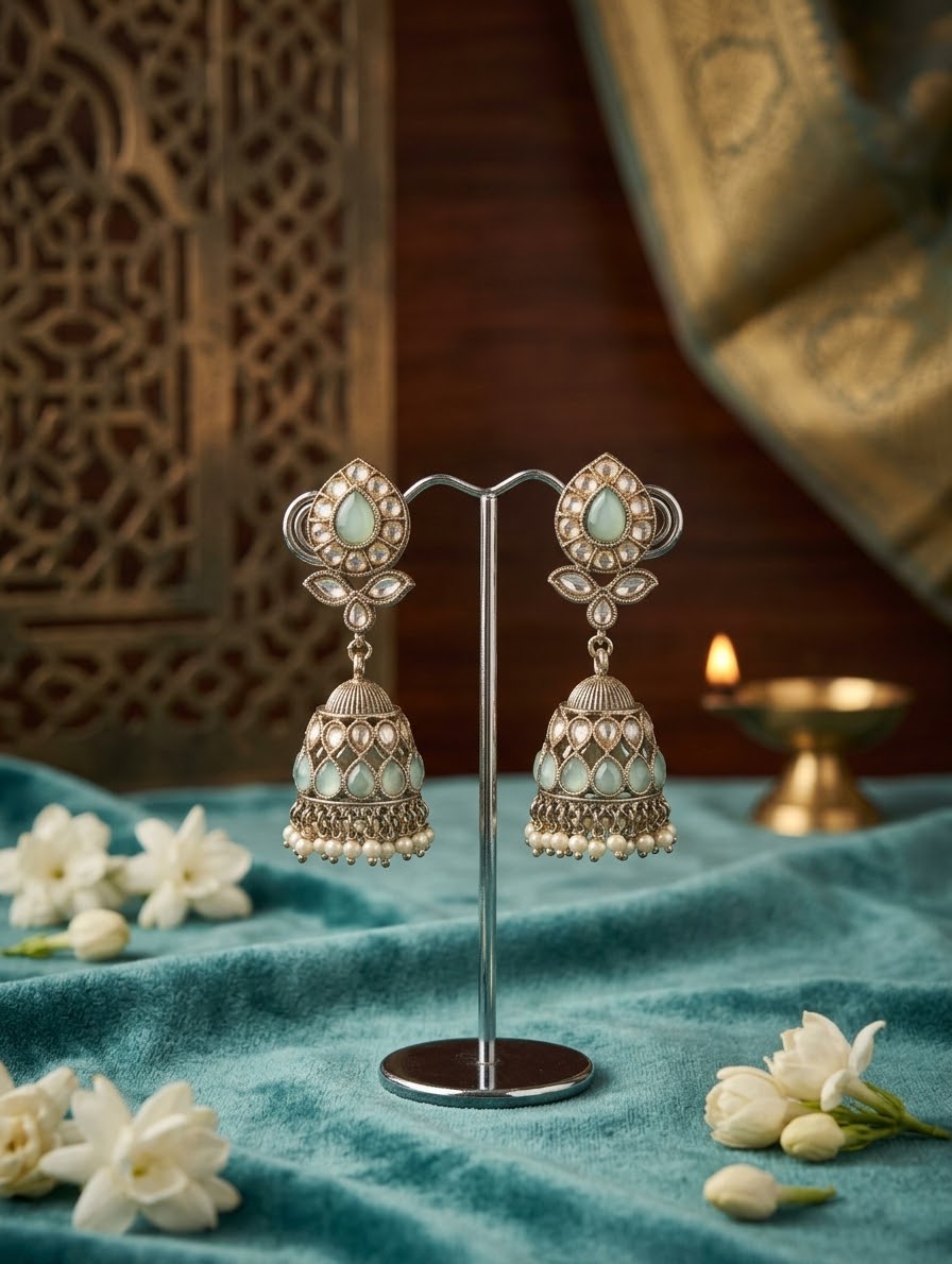 Sea Green - Royal Teardrop Kundan & Pearl Jhumka Earrings - 6JE06 10Pp26
