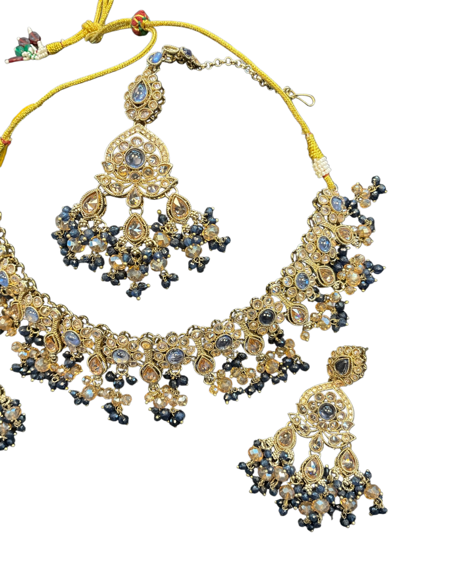 Blue - Large Size Antique Gold Finish Necklace Set with Earrings & Head Piece - Bollywood - AE2513 08KK25