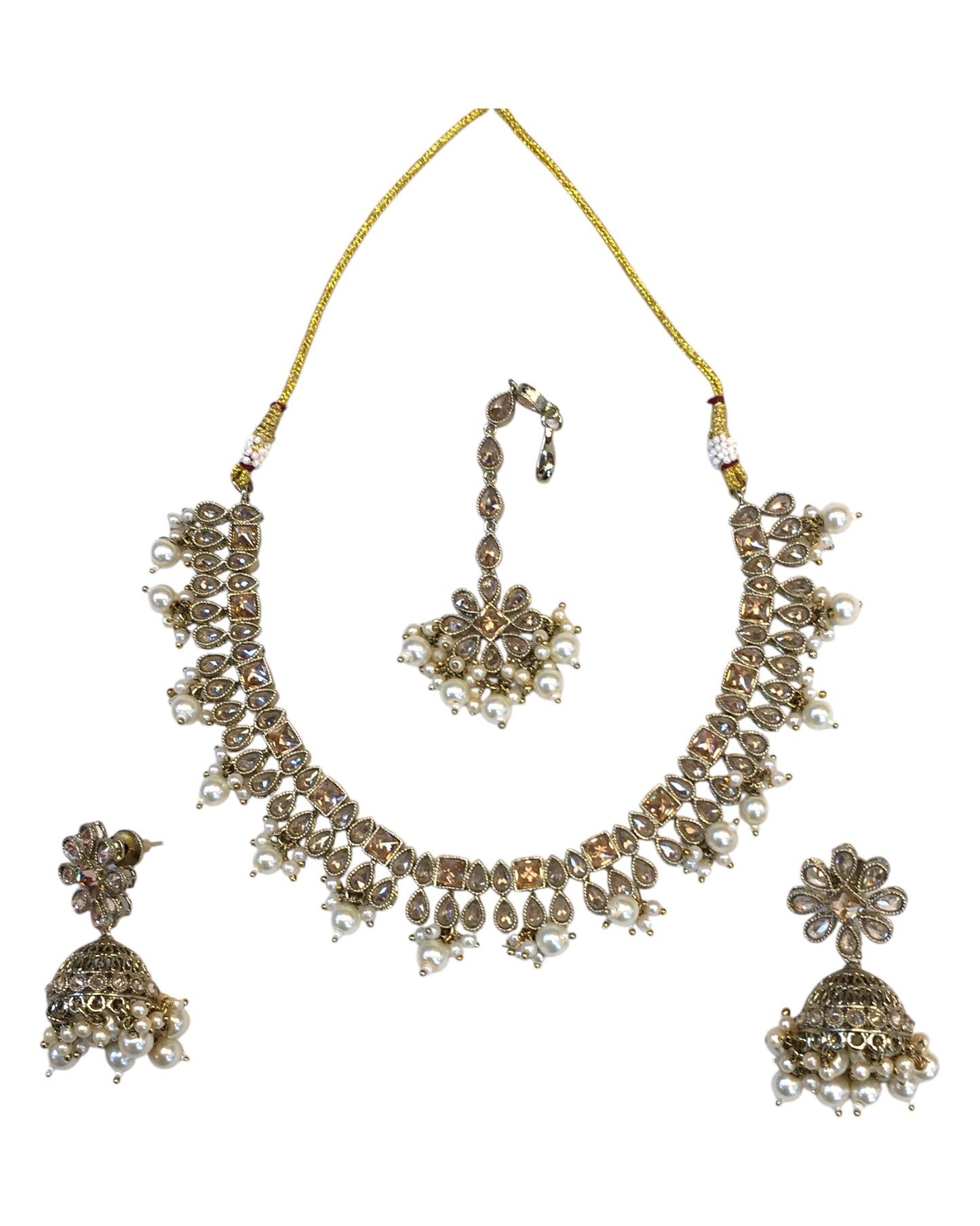 Gold / Neutral - Antique Gold Finish Necklace & Earrings Set - Bollywood - Weddings - KAJ1014 11KV24