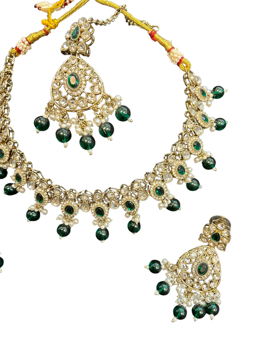 Green - Large Size Antique Gold Finish Necklace Set with Earrings & Tika (Head Piece) - UK Stock - JIG86 08C25