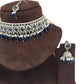 Blue - Medium Size Silver Finish Choker Necklace Set with Earrings - RAK149  C 0424