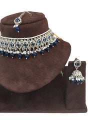 Blue - Medium Size Silver Finish Choker Necklace Set with Earrings - RAK149  C 0424