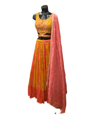 Coral  / Mustard- Crushed Bandhej Lehenga Set - UK Stock - 24h Dispatch - MK1461 KKV 0523