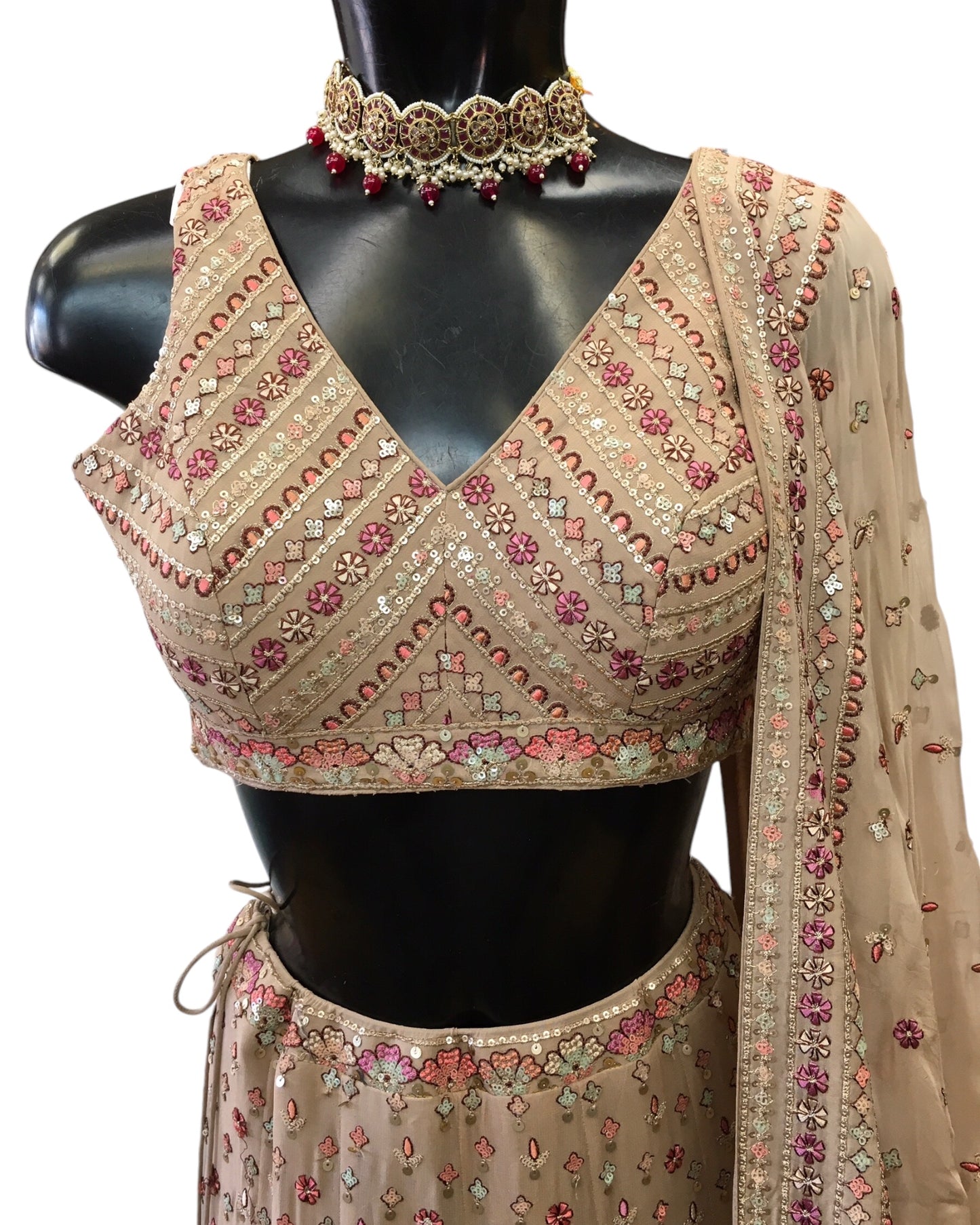 Light Brown - Delicately Embroidered Chiffon Designer Lehenga Set - UK 8-10, UK Stock - 24h Dispatch - NE2403 KKP 0724
