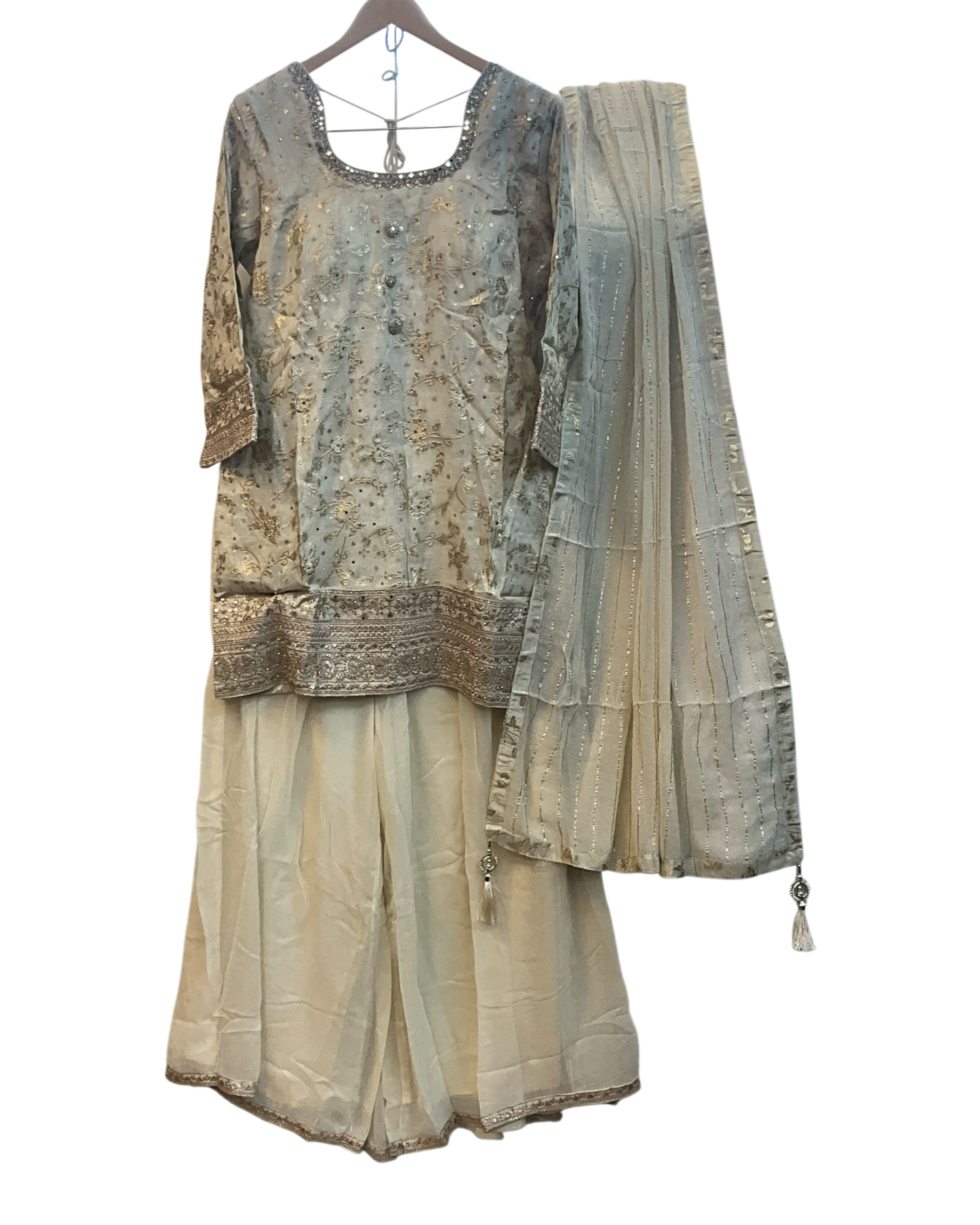 UK 18 / 44" - Cream / Light Gold - Crepe Ladies Sharara / Palazzo Trousers Suit - Sangeet / Henna / Temple - OC83009 JV