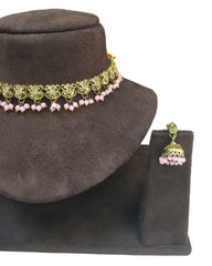 Pink - Small Size Antique Gold Finish Necklace Set with Earrings - VJY401  A 0424
