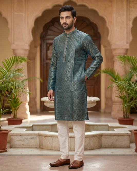 Blue - Men’s Embroidered Jacquard Kurta Set with Trousers - UK Stock - Weddings / Walimas , Sangeet, Diwali, Eid, Mehndi / Henna - VEE3069 VV