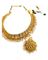 Pearl / Gold - Medium Size Gold Finish Necklace Set with Earrings - Bollywood - AE2516 08KY25