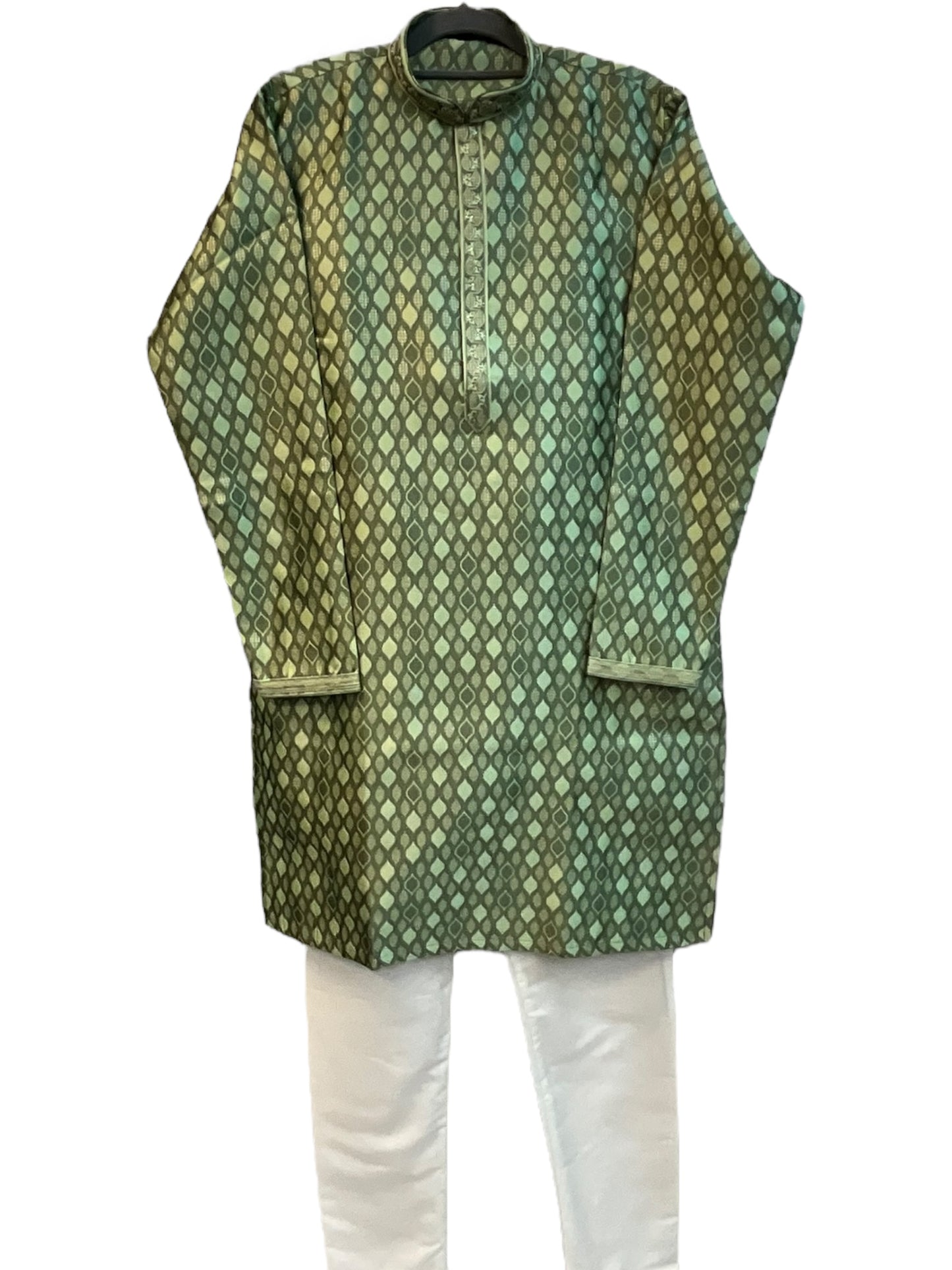 Green - Banarasi Handloom Brocade Mens Indian Kurta set with Trousers - UK Stock - Weddings / Walimas , Sangeet, Diwali, Eid, Mehndi / Henna - VEE2450 VR