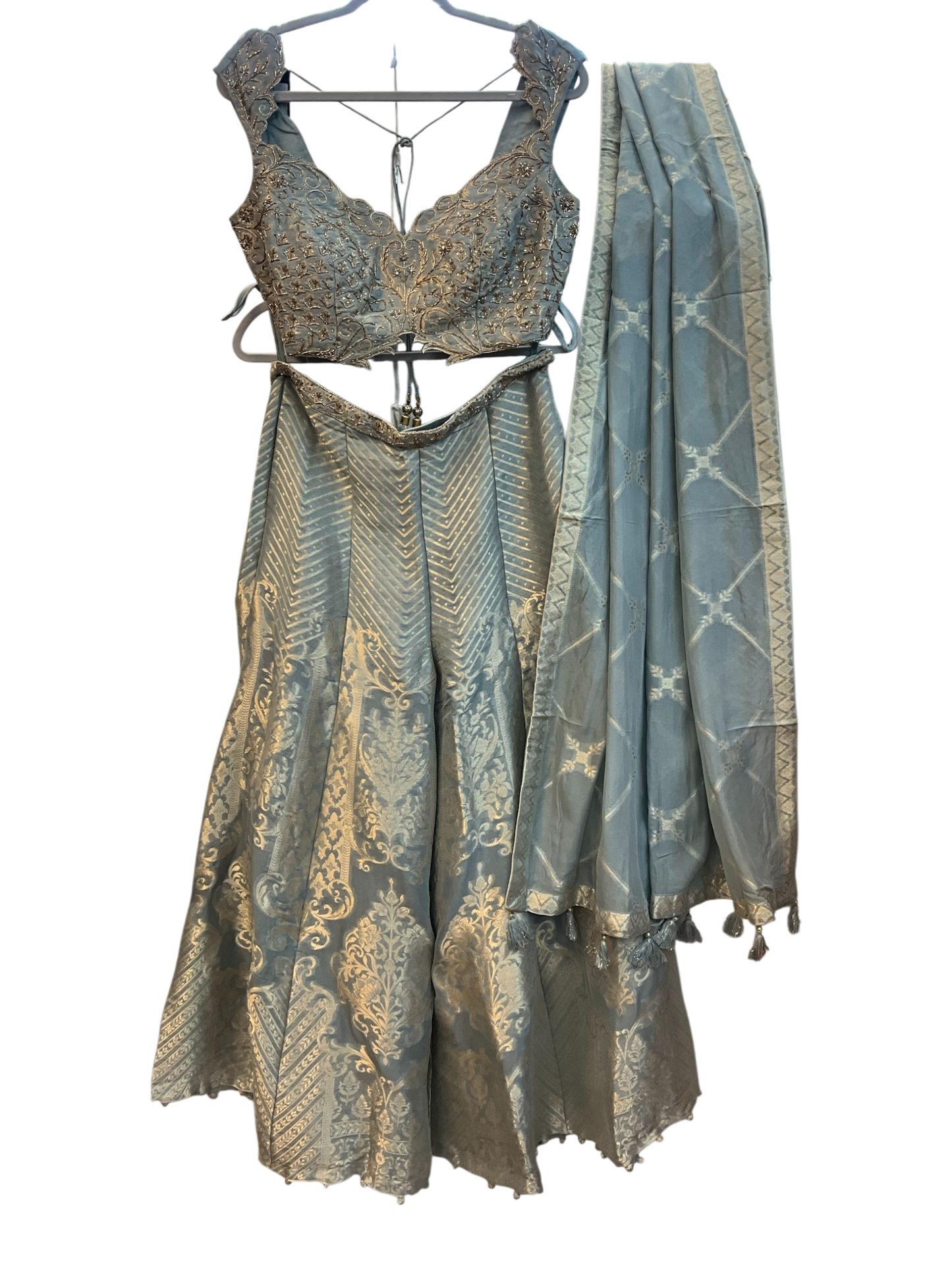 UK 12 / 38" - Pastel Light Grey / Silver - Designer Ladies Indian Short Top Palazzo Trousers Suit - UK Stock - 2/3 days delivery - VMK Jivika AV