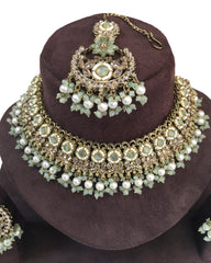 Mint Green - Large Size Antique Gold Finish Necklace Set with Earrings - RAK501  KC 0424