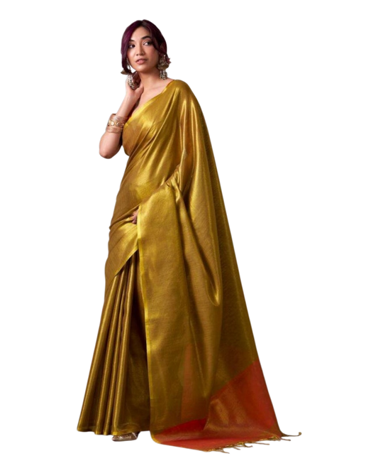 Dark Gold - Classic Plain Cotton Silky Fancy Saree with Blouse Piece - UK Stock - 2/3 days Delivery  12KV25 RP511