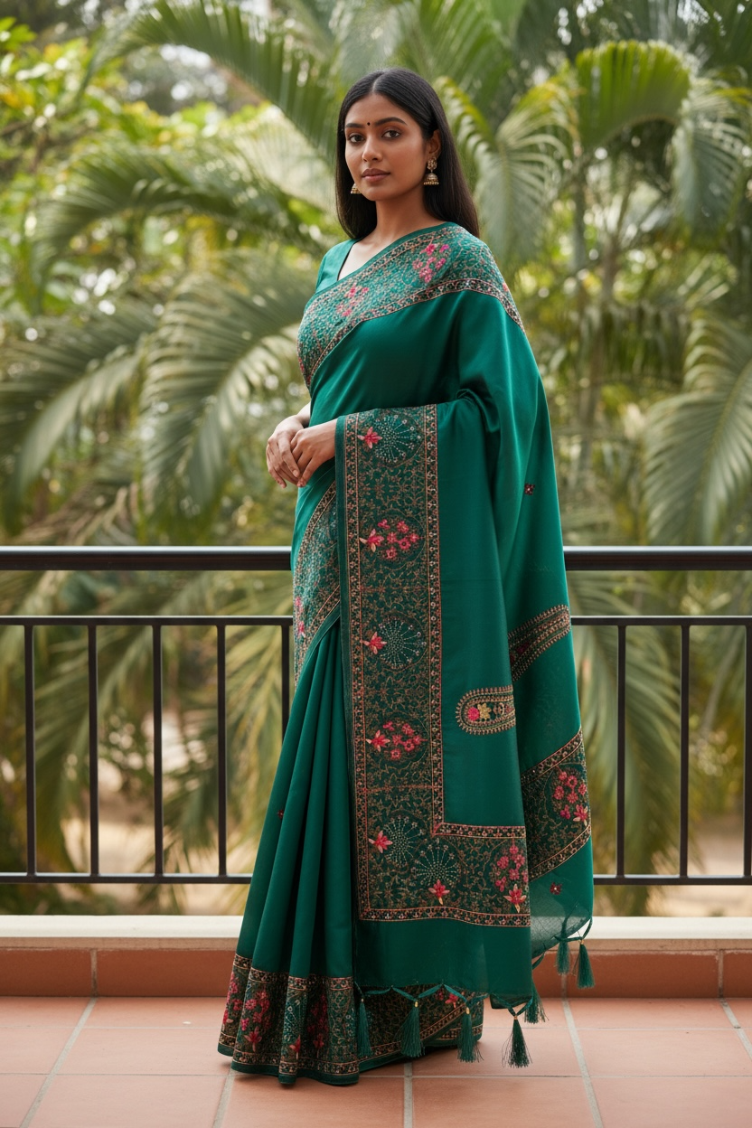 Turquoise Green - Classic Saree with Thread Work and Blouse Piece - UK stock - 24hr Dispatch - RS2505 VY