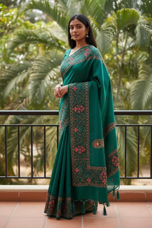 Turquoise Green - Classic Saree with Thread Work and Blouse Piece - UK stock - 24hr Dispatch - RS2505 VY