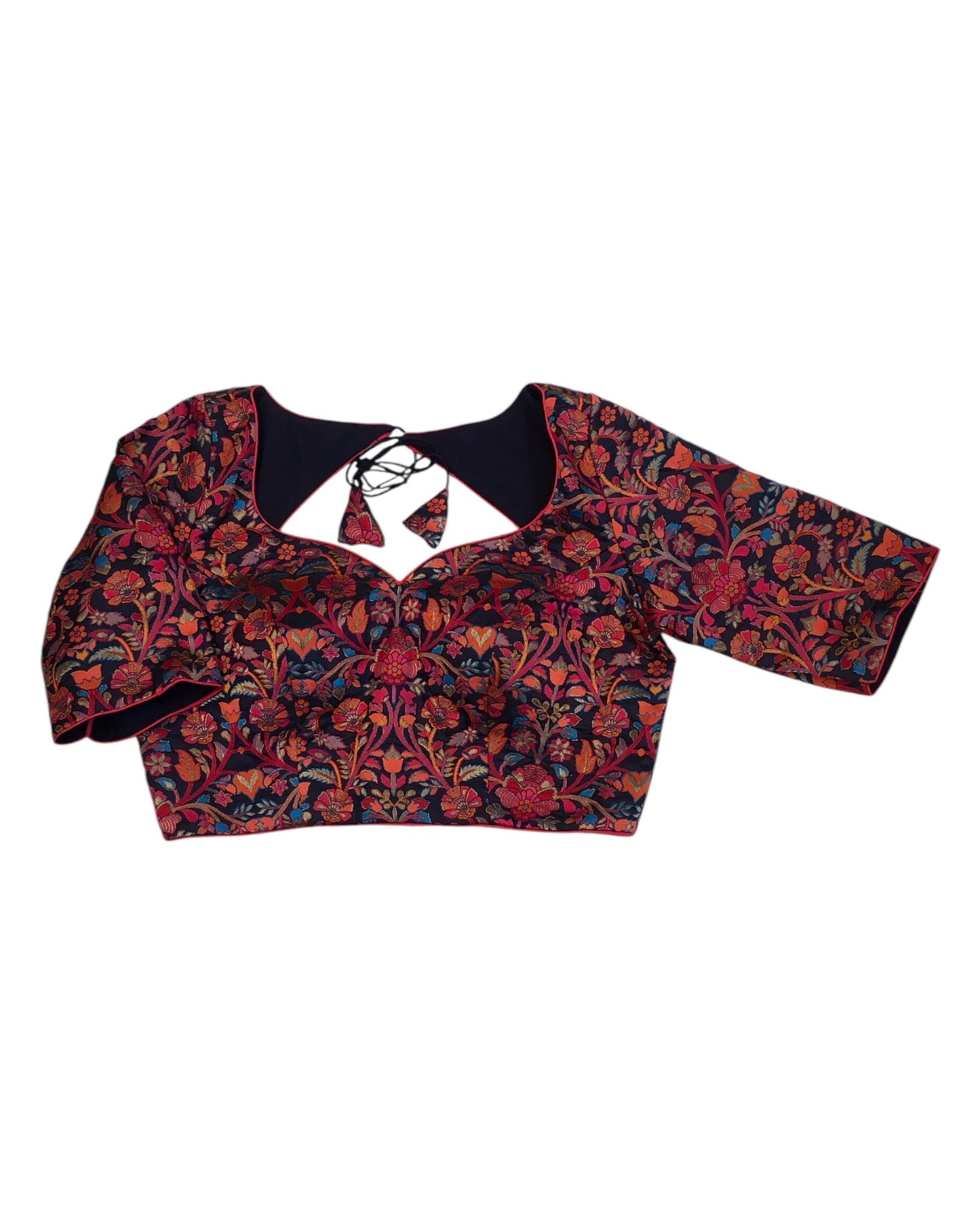 Navy Blue - Red / Orange Banarasi Brocade Saree / Lehenga blouse - 36" Bust (UK 10) Can be let out to size 14  - X1191 01KV25