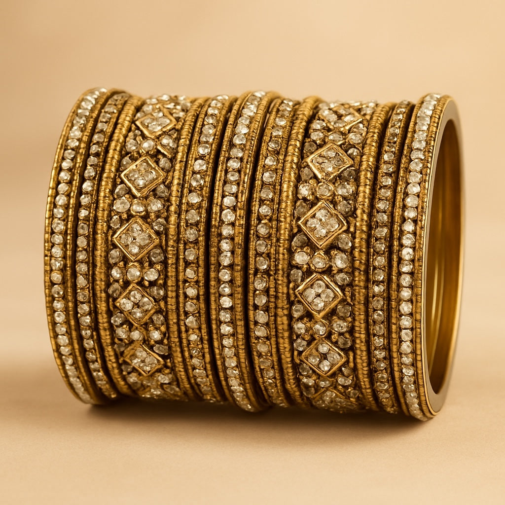 Clear White Stone and Pearl - Antique Gold Finish Bangles Set (Set of 18) - UK stock - SM, M, L, XL JAN2611 05P25